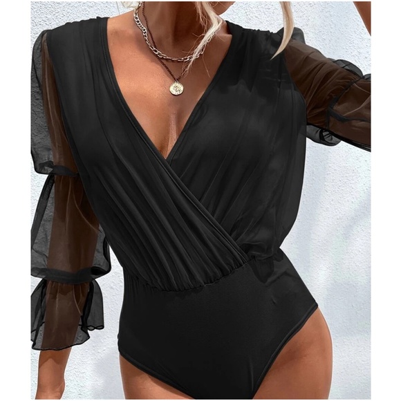 Luxe Sheer Ruffle Sleeve Surplice Bodysuit - Picture 5 of 6